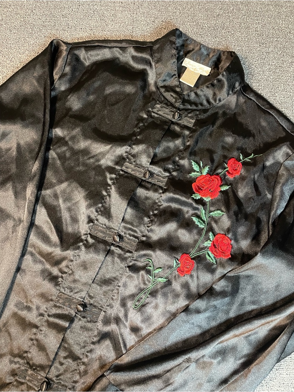 Vintage Inner Most (Sears) Black Satin Embroidered Rose Mandarin Collar Top-M